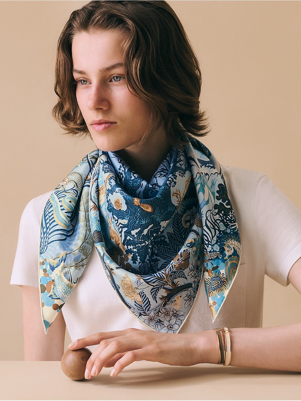 Hermes Rewilding Nature scarf 90 Bleu Ciel / Beige / Blanc